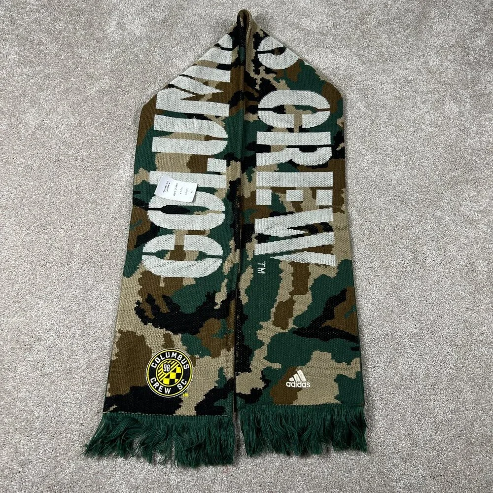 Adidas Unisex OSFA Beige Green Camo Winter Fringe Columbus Crew FC MLS Scarf NWT